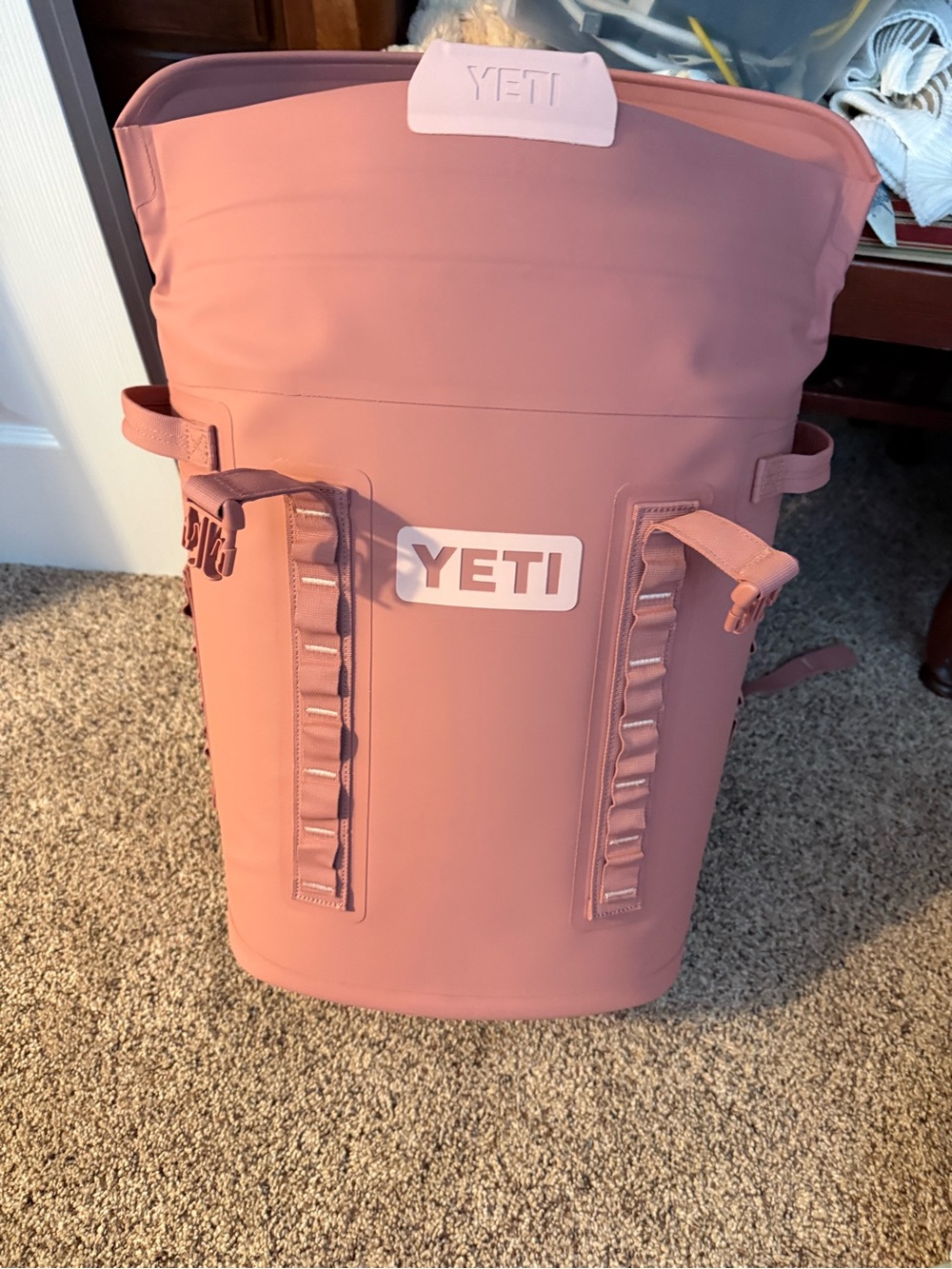 Yeti Roll-Top Backpack in Dusty Pink with White Logo